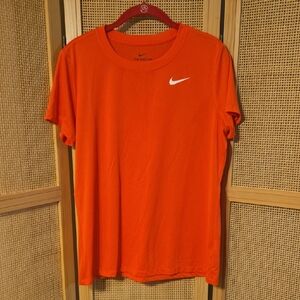 Nike Womens Large Vibrant Orange Tee with White Swoosh Dri Fit